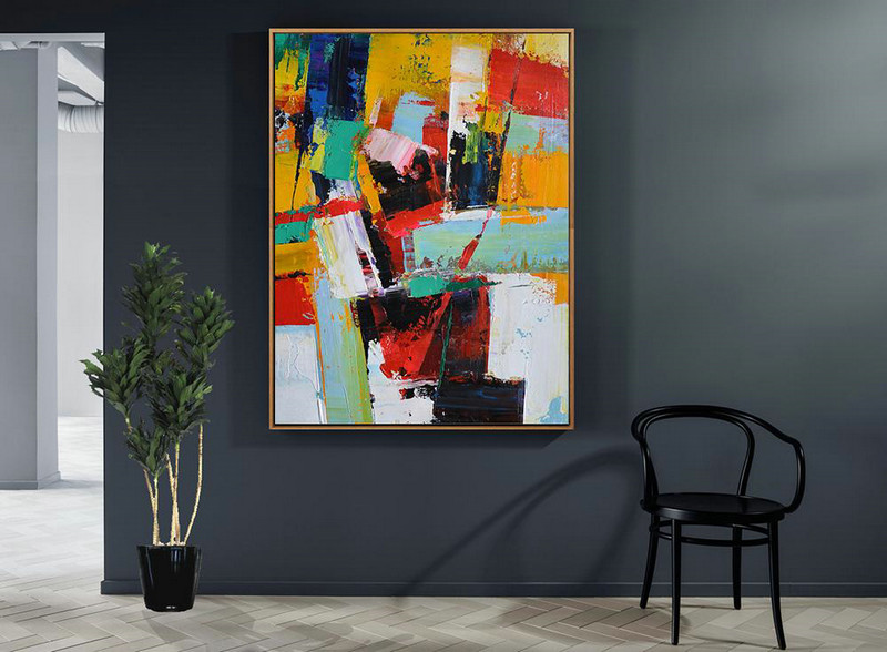 Hand Painted Acrylic Painting,Vertical Palette Knife Contemporary Art,Extra Large Artwork,Yellow,Red,White,Blue.etc